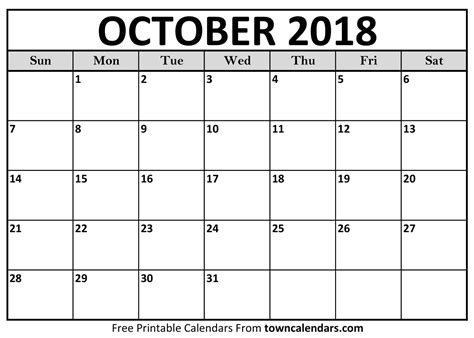 October Calendar 2018 Printable